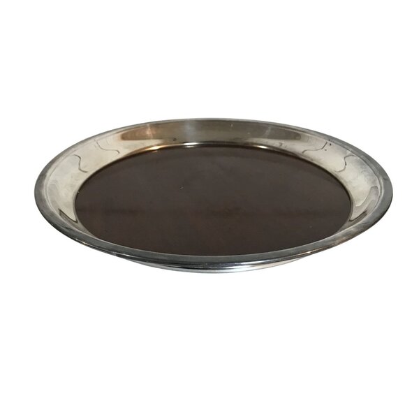 MCM Round Wooden Tray With Silver-Plated Rim By F.B. Rogers Silver Co. 9" - Picture 7 of 8